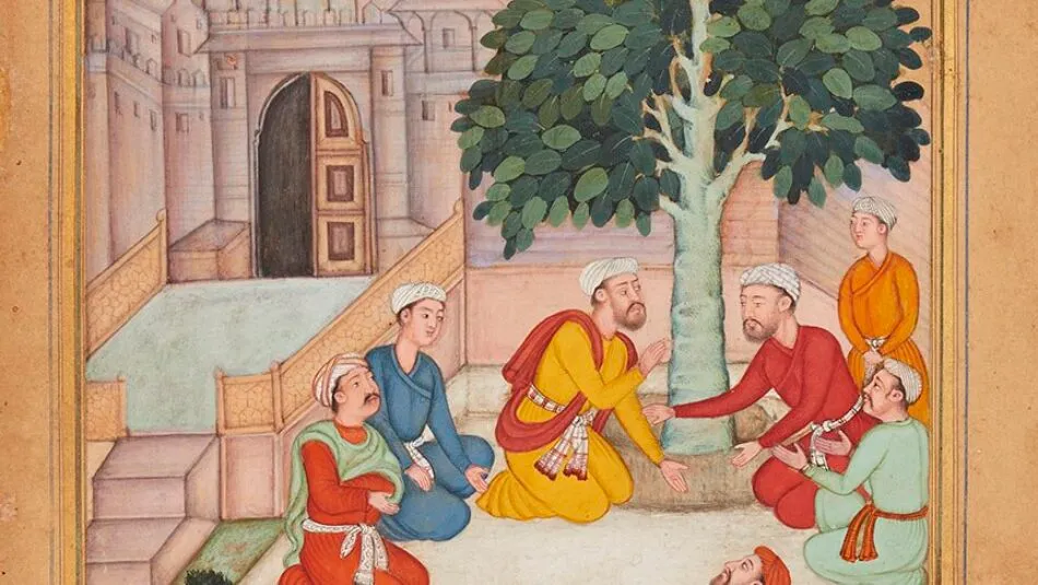 Detail from the Third Discourse of Nasir al-Din Tusi’s Akhlaq-e Nasiri, depicting a gathering engaged in discussion and exchange