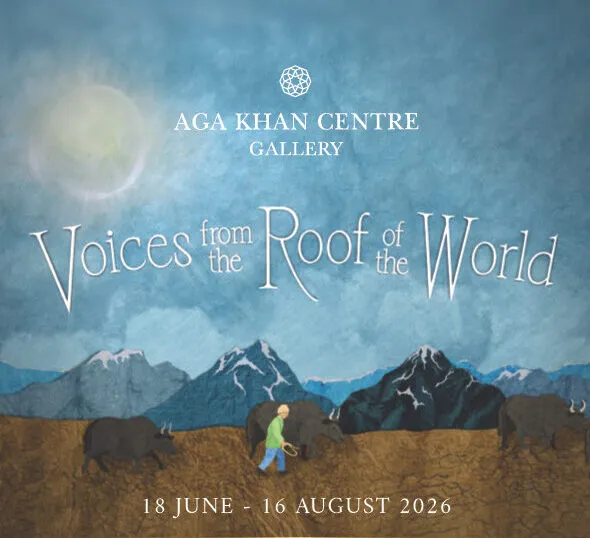 A paper cutout of someone walking in front of mountains with 'Voices from the Roof of the World' across it.