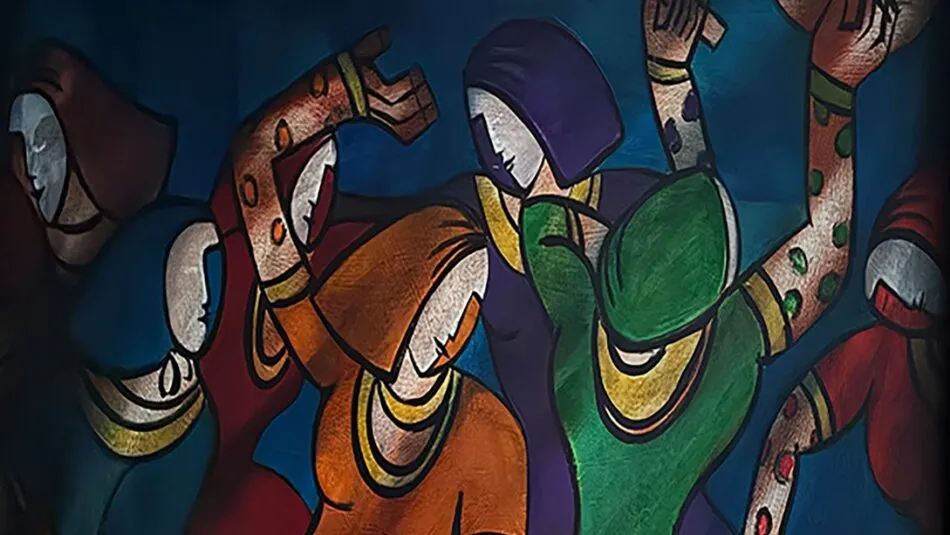 A stylised painting of people dancing wearing different colours.