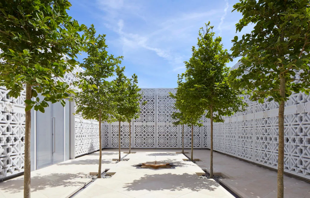 The Garden of Light - a garden with white, stone, carved walls and magnolia trees with a small fountain in the centre.