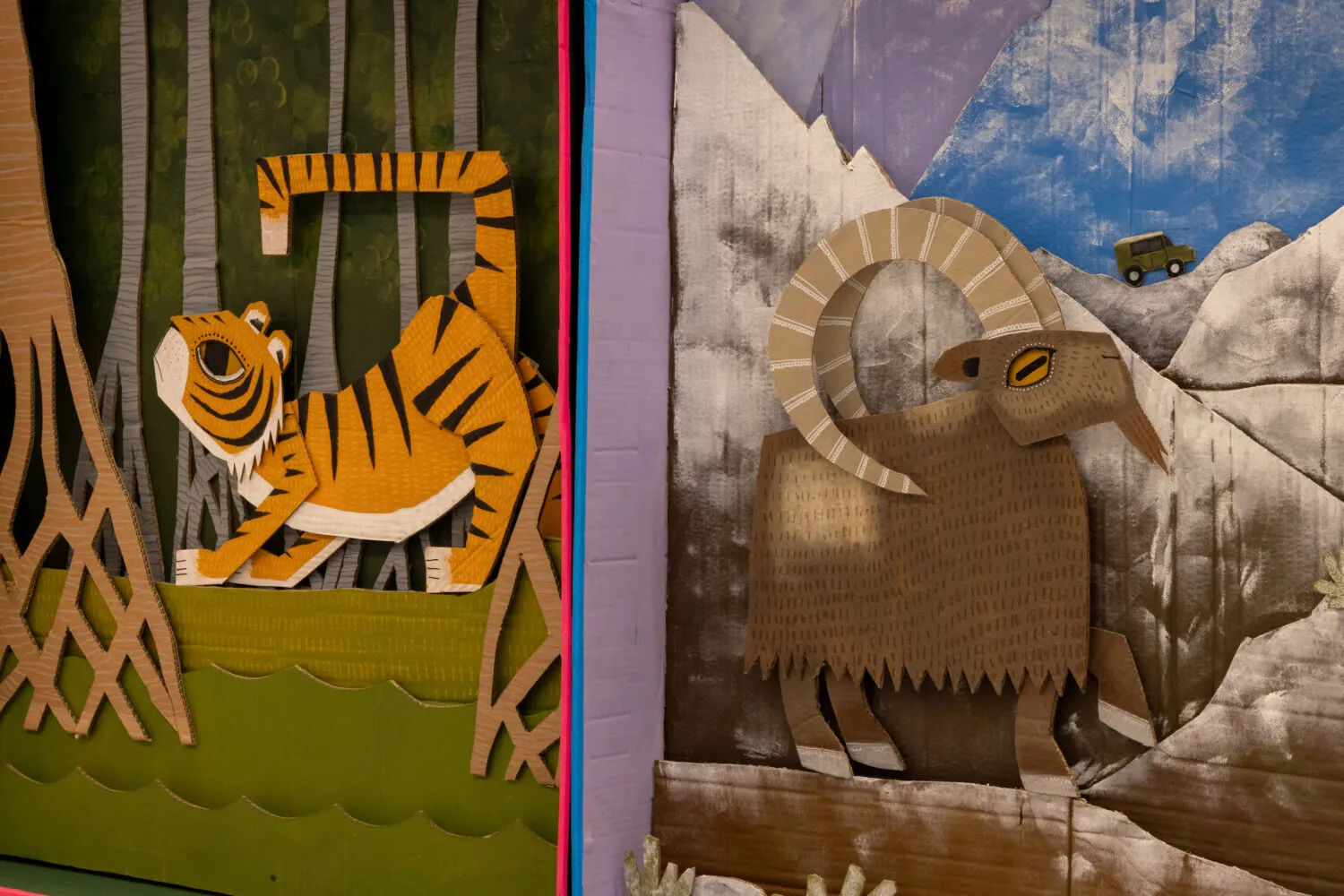 Animal sculptures created from carboard and colour
