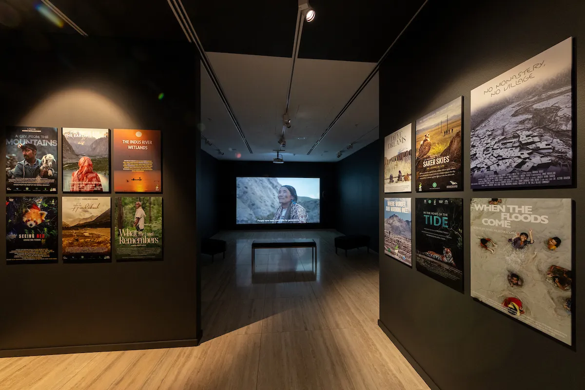 An image of a film playing with posters around it.