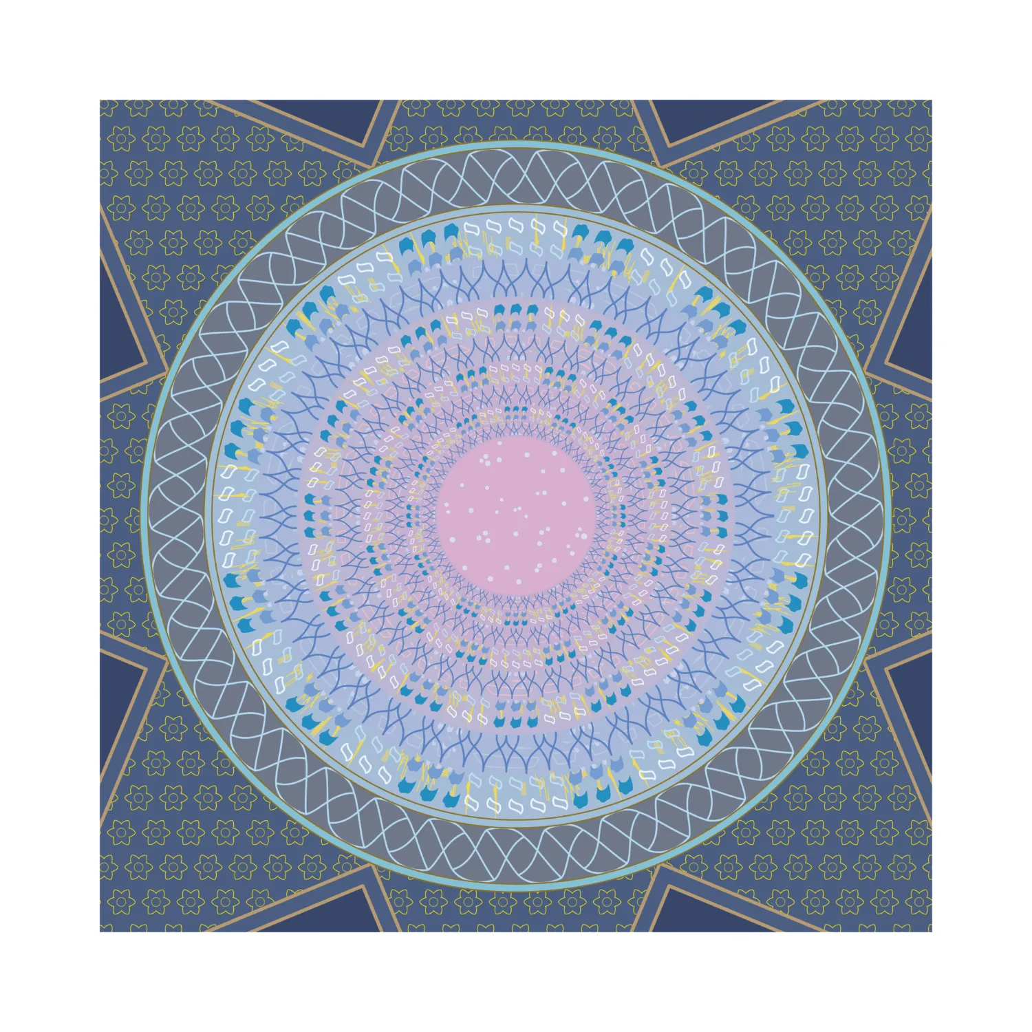 A circular Islamic pattern with blue and pink