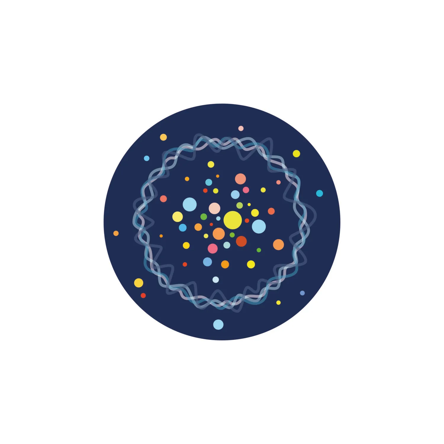 A cell0like drawing with a dark blue background and colourful dots inside.