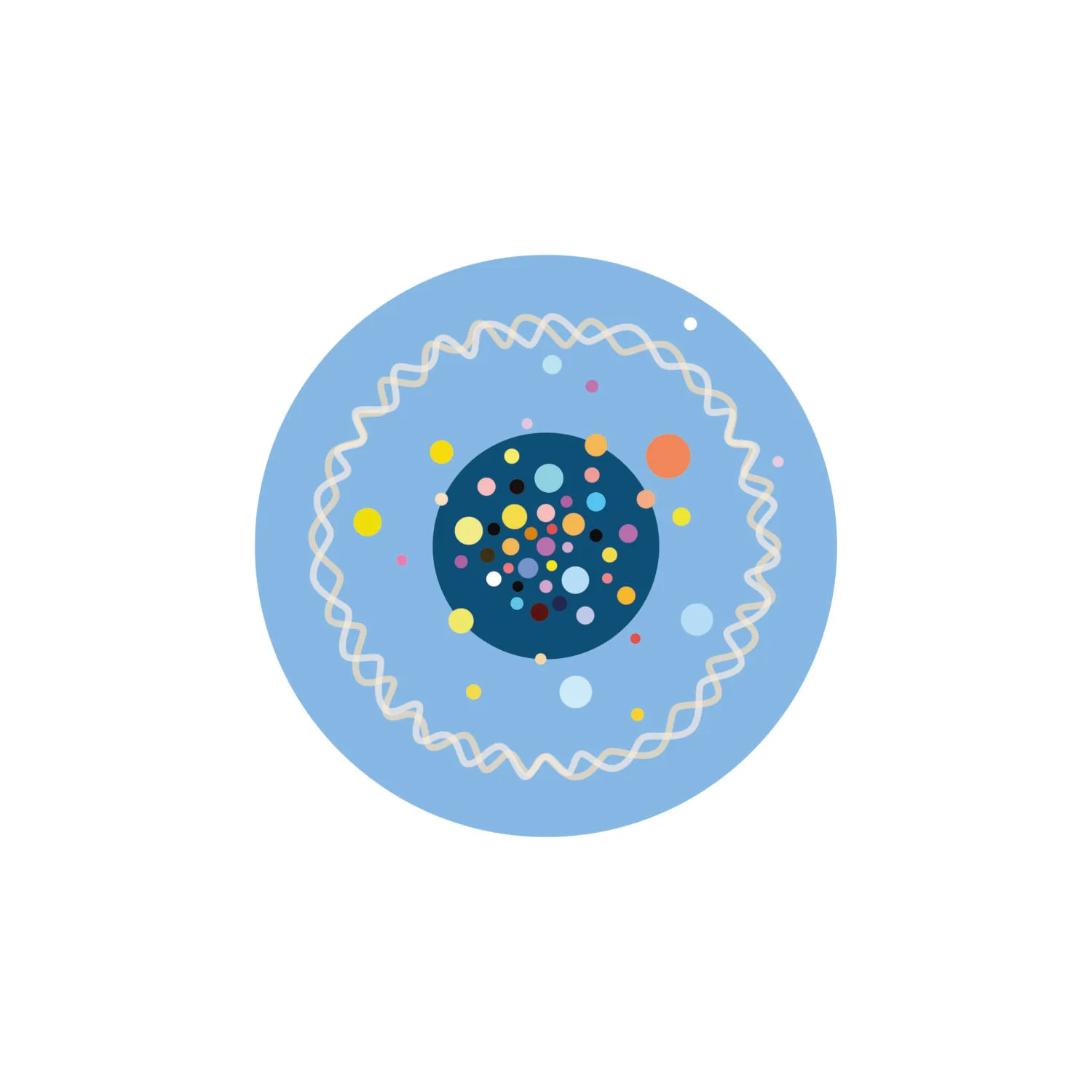 A circular cell-like drawing with a light blue background.